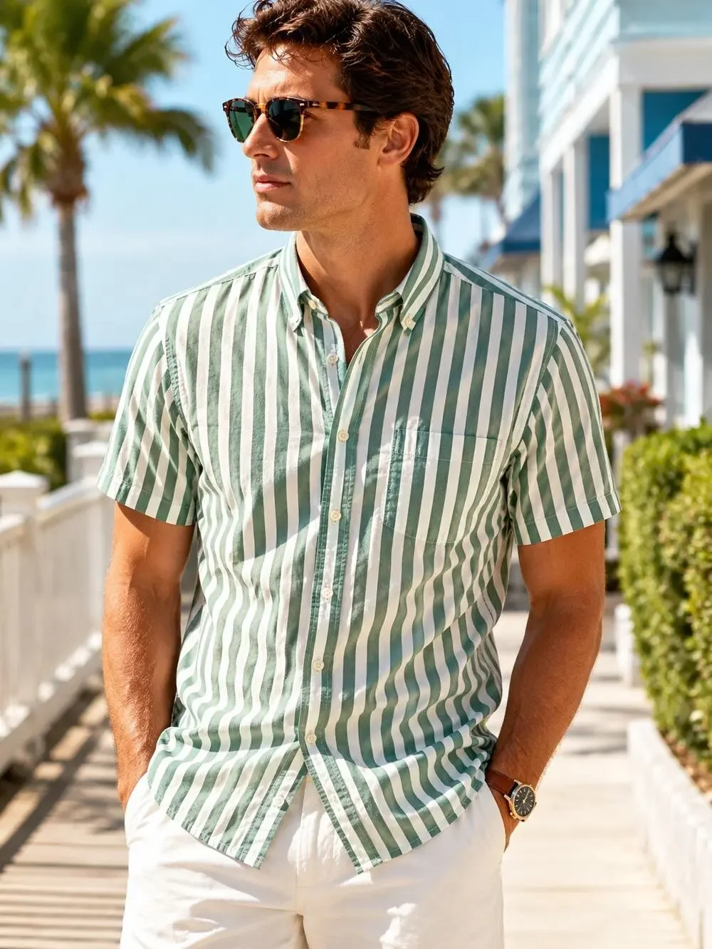 J.Crew Flex Washed Striped Shirt Green White Button Down Coastal Prep Resort M